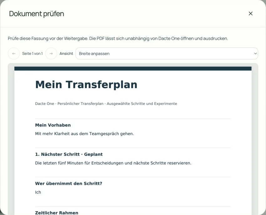 PDF-Vorschau Mein Transferplan mit einem Vorhaben für ein Teamgespräch, einem konkreten nächsten Schritt und der zuständigen Person.