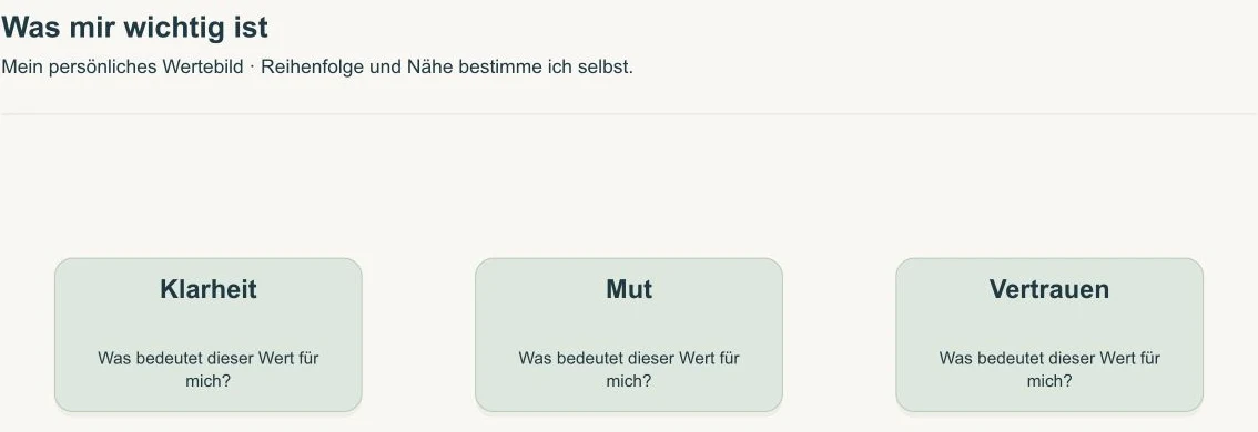 Gemeinsames Wertebild mit den Karten Klarheit, Mut und Vertrauen und der Frage nach ihrer persönlichen Bedeutung.