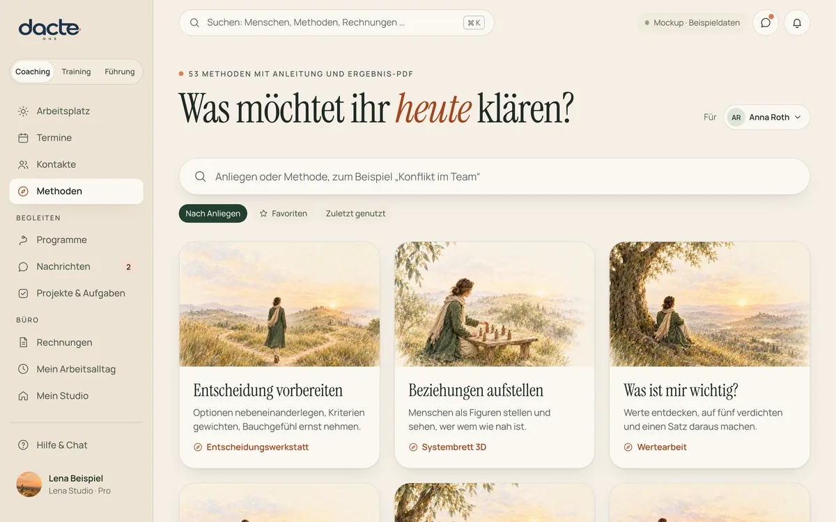Entwurf der Methodenübersicht in der App: Frage „Was möchtet ihr heute klären?“, Suchfeld und Karten wie Entscheidung vorbereiten, Beziehungen aufstellen, Was ist mir wichtig.