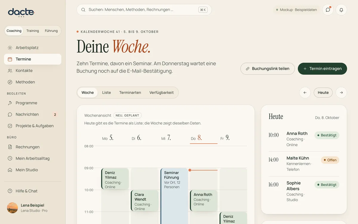 Entwurf der Terminansicht: „Deine Woche“ mit Kalender und Liste der heutigen Termine.
