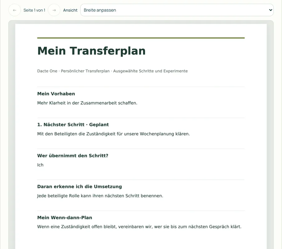 Ausschnitt eines Ergebnis-PDFs „Mein Transferplan“ mit Vorhaben, nächstem Schritt und Wenn-dann-Plan.