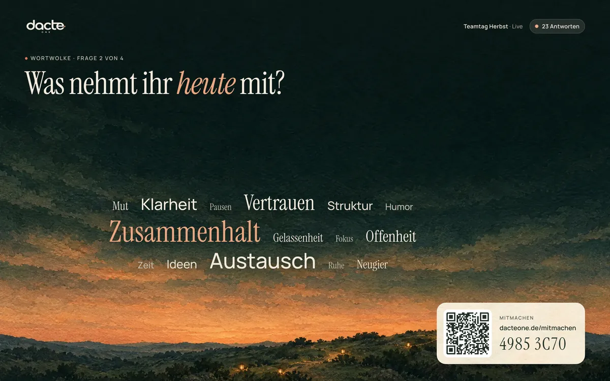 Entwurf der Beamer-Ansicht: Frage „Was nehmt ihr heute mit?“ mit Wortwolke und QR-Code zum Mitmachen.