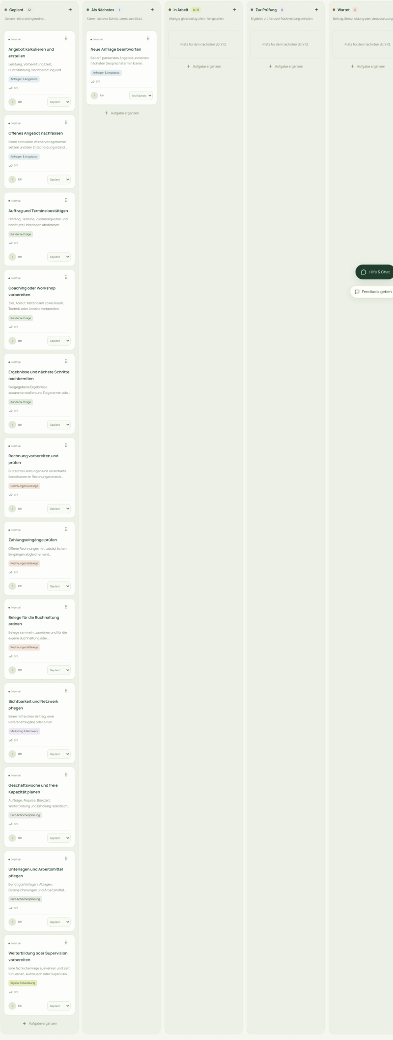 Originalansicht des persönlichen Aufgabenboards mit Beispielaufgaben für Selbstständige.